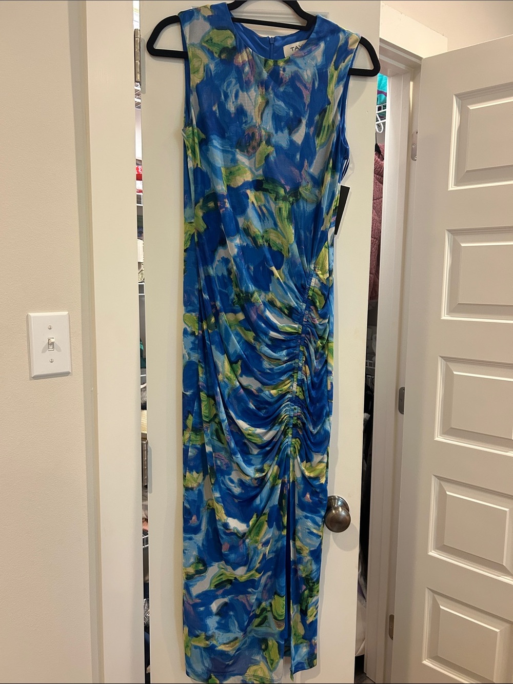 Talbots Blue Green Abstract Print Ruched Sleeveless Maxi Dress